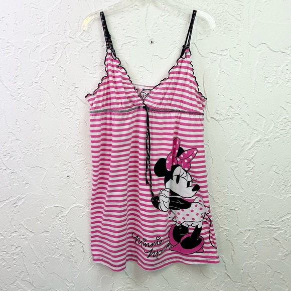 Disney Tops - Vintage y2k White Pink Striped Minnie Mouse Babydoll Tank Top Size Large